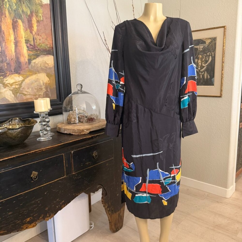 WARREN Z Color Block SILK DRESS Long Sleeve below the knee in length